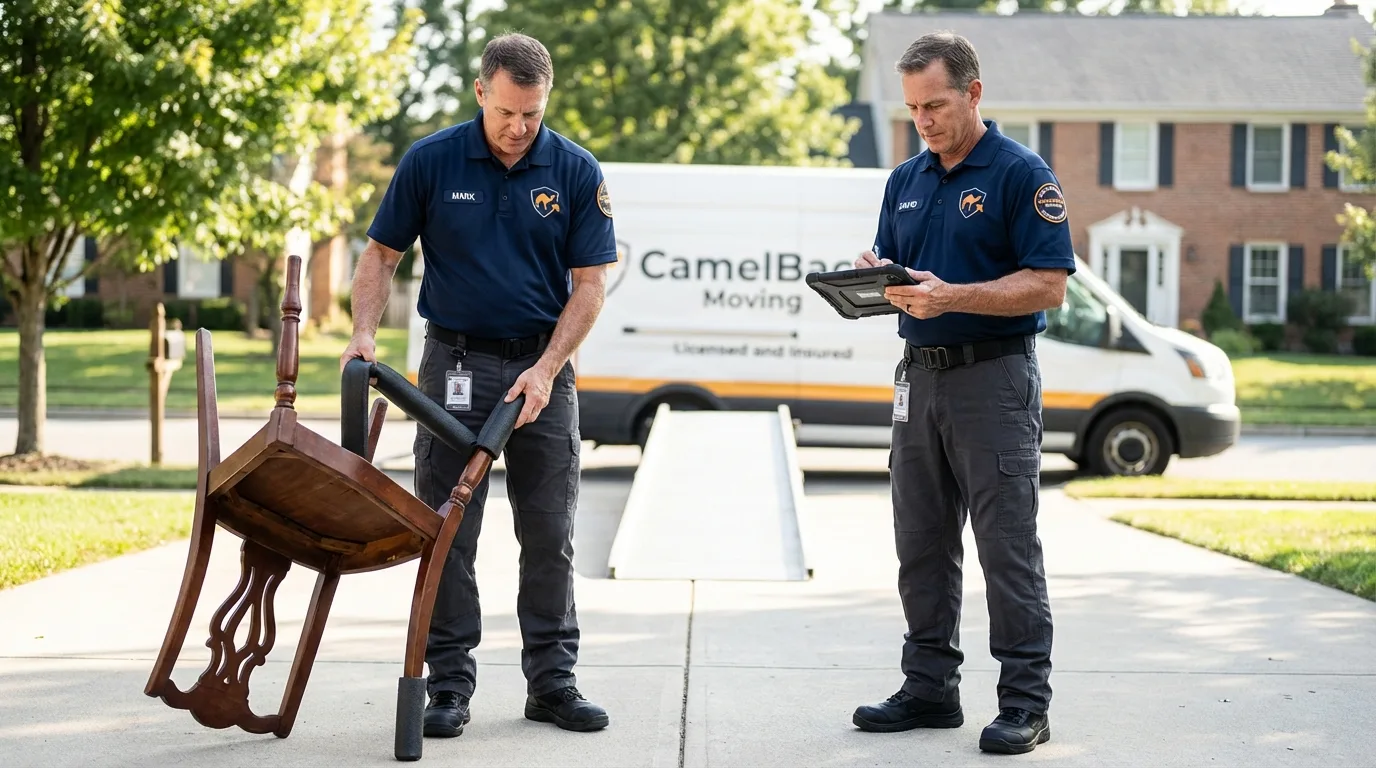Movers inspecting furniture for damage prevention before loading in Dumfries, VA