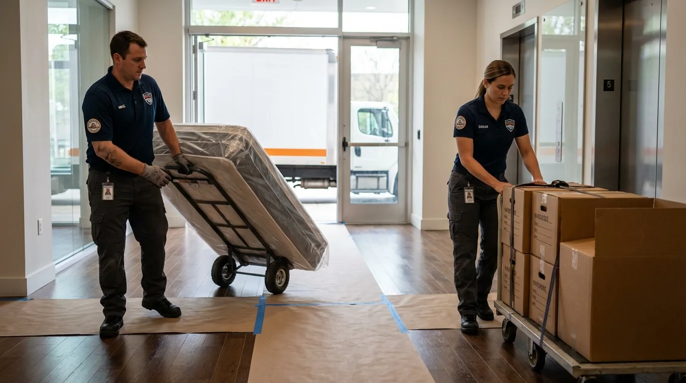 Professional apartment movers loading elevator in Dumfries, VA