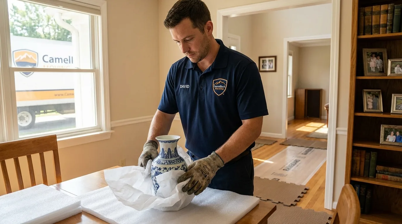 Professional crew carefully wrapping antique vase for senior downsizing move in Dumfries, VA